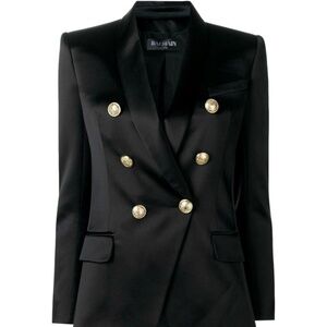 Balmain Double-Breasted Silk-Satin Blazer — Black, Gold Buttons, FR 36 (US 4)
